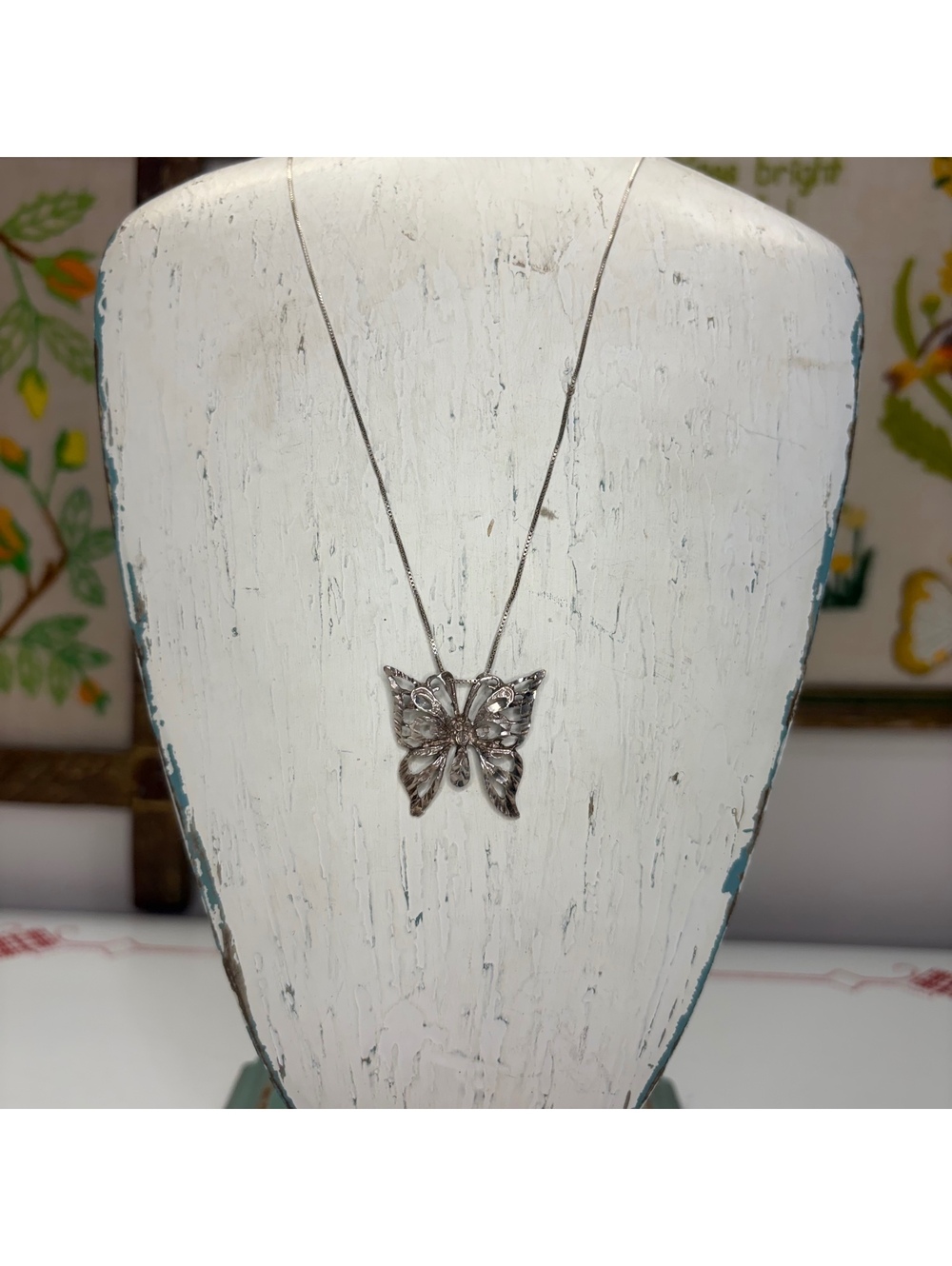 Sterling silver 14k white gold plated filigree butterfly necklace vintage